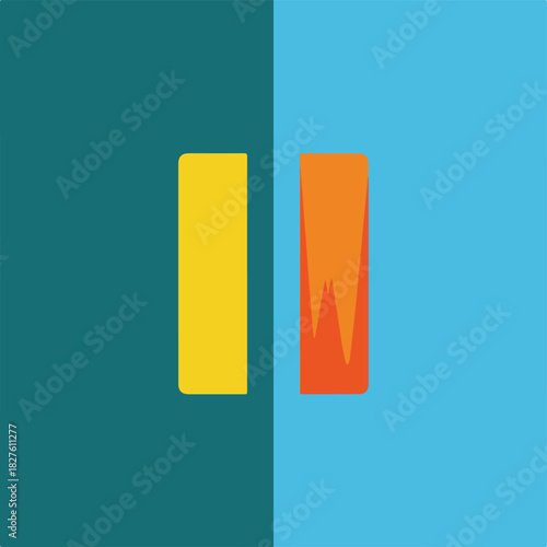 Abstract graphic icon representing a pause or stop function, featuring two vibrant vertical bars in yellow and orange, set against a dynamically split dual-tone background of teal and light blue