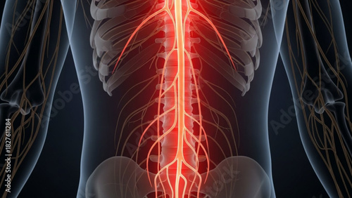 Anatomical illustration of the human spinal cord and nerve network highlighted in vibrant red tones