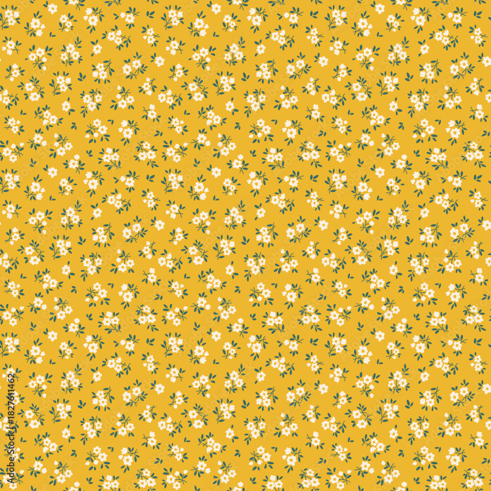 Fototapeta premium Cute floral pattern in small decorative daisy flowers. Small white flowers. Yellow mustard background. Ditsy print. Floral seamless background baby pattern in small cute abstract flowers. Stock print
