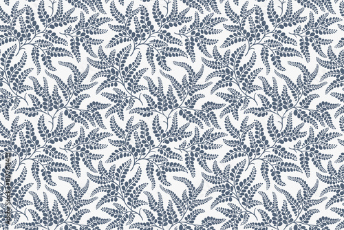 Trendy seamless floral pattern of leaves and plants. Intertwined gray branches and leaves, white background. Vector seamless ornament print. Natural forest pattern. Cute template with leaves motif
