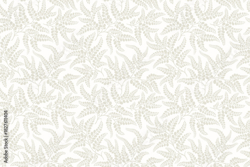 Trendy seamless floral pattern of leaves and plants. Intertwined ivory branches and leaves on a whit background. Vector seamless ornament print. Natural forest pattern. Cute template with leaves motif