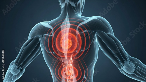Anatomical illustration of a human back with highlighted spine and radiating pain signals in red color
