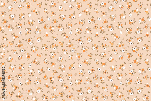 Vintage seamless floral pattern. Liberty style background of small orange and white flowers. Small flowers scattered, peach background. Stock vector for printing on surfaces. Delicate cute flowers 
