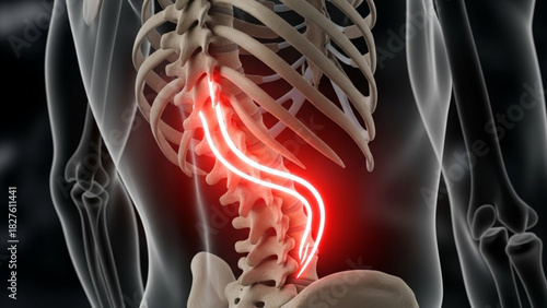 Anatomical illustration showing the human spine with red highlighting indicating pain location near the lower back