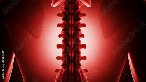 Red toned human spine anatomy illustration with vertebrae and back muscles in anatomical position view