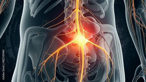 Anatomical illustration of the human lower body showing the spinal cord and nerve network in detail
