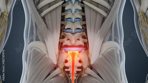 Anatomical illustration of the lower back showing the spine, muscles, nerves and highlighted pain area