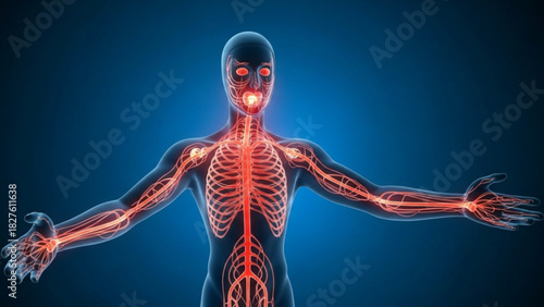 Human body anatomy showing the nervous system in red with a blue background and arms extended out