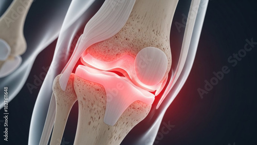 Anatomical knee joint illustration showing bones ligaments and tendons with red inflammation highlight area