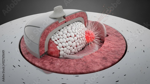 Cross section view of a body structure with cells and a red spiky object inside the structure shown