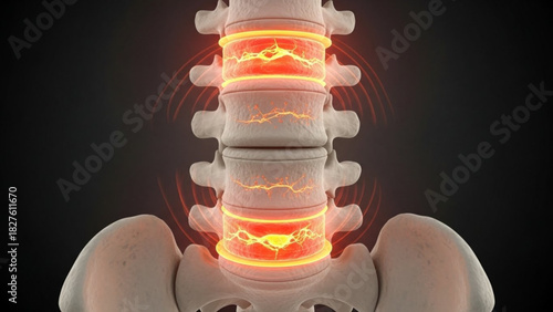 Anatomical rendering of a spine with highlighted areas indicating pain or inflammation in the vertebrae