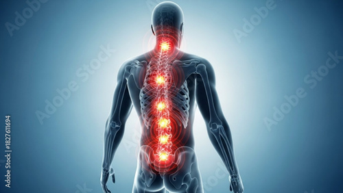 Human anatomy showing spine with highlighted pain points in a medical illustration style rendering