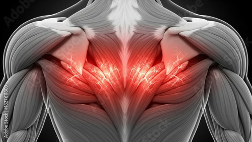 Illustration of human back muscles with red highlighting indicating pain or inflammation area on the back