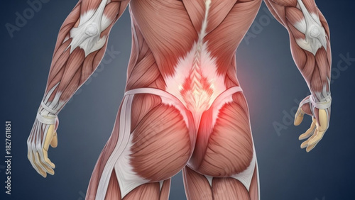 Anatomical depiction of human back muscles with highlighted pain area in lower back region shown from behind