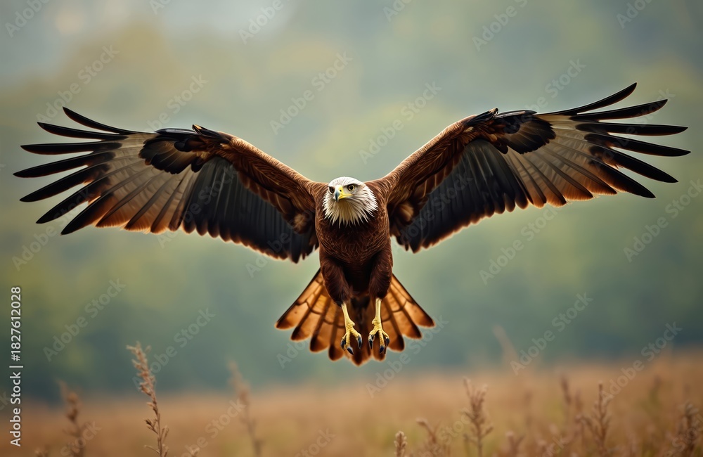 Fototapeta premium Majestic golden eagle soars with wings spread wide over dry grass field. This large bird of prey hunts in wild nature, showing its powerful flight and vision.