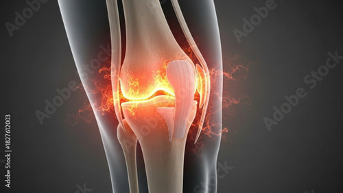 Illustration of a knee joint with visible inflammation and pain signals emanating from the joint area