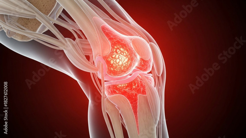 Illustration of a painful knee joint with visible inflammation and bone structure shown in detail