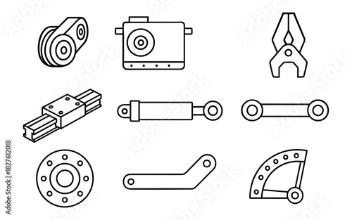 Simple linear icons of mechanical parts and tools for engineering projects