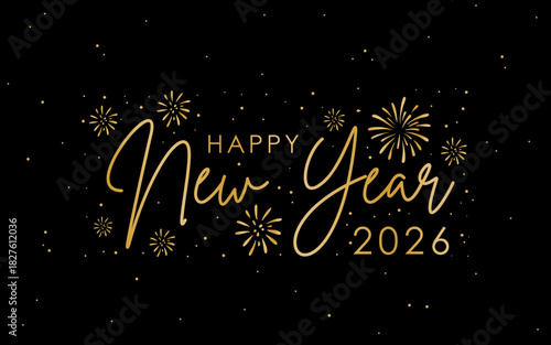 Happy New Year 2026 with colorful hand drawn typography and splashes of Fireworks. Great for banners, posters, cards and social media. Not AI Generated.