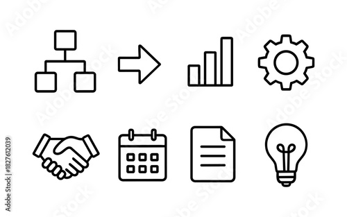 Simple line icons for business strategy and planning featuring gear, graph, and lightbulb