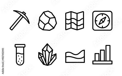 Exploration icons: mining, navigation, and analysis in bold line art