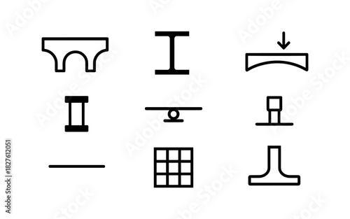 Minimalist structural icons: bridges, beams, and bar charts in black and white
