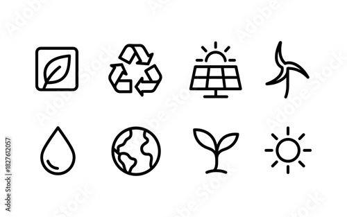 Eco-friendly symbols set: renewable energy and sustainability icons