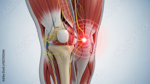 Illustration of a human knee joint showing the muscles nerves and ligaments with a pain point highlighted
