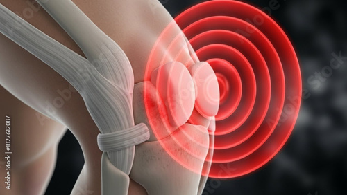 Illustration showing a painful knee joint with red concentric circles indicating pain location and intensity