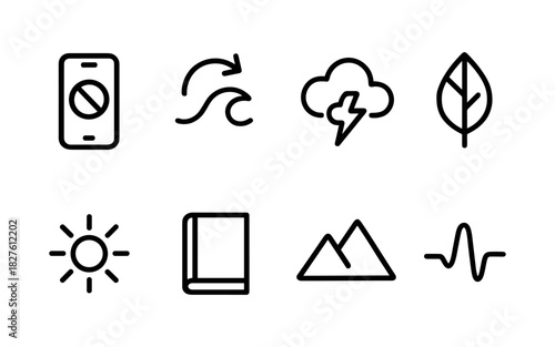 Minimalist line icons for technology, nature, and weather themes