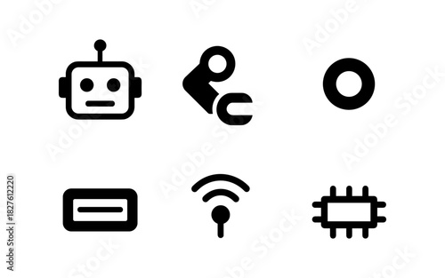 Minimalist black icons of robotics and technology elements with simple design