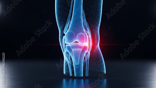 Anatomical knee joint illustration showing bones ligaments and cartilage with inflamed area in red color