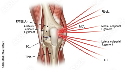 Illustration of the anatomy of the human knee joint showing ligaments, bones, and muscle structure