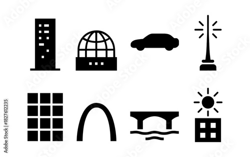 Urban elements: bold black icons of cityscape features and landmarks