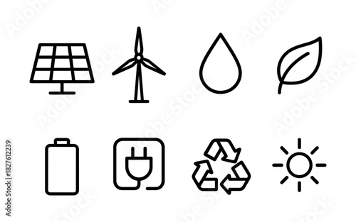 Eco-friendly energy and sustainability icons in minimalist line art