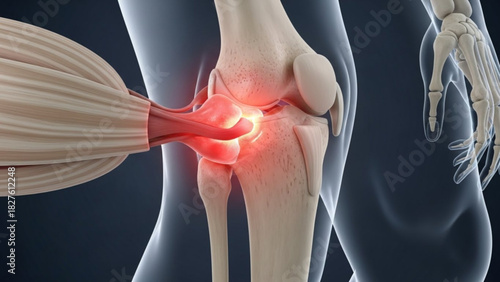Anatomical illustration of a knee joint with ligaments and muscles showing pain and inflammation area