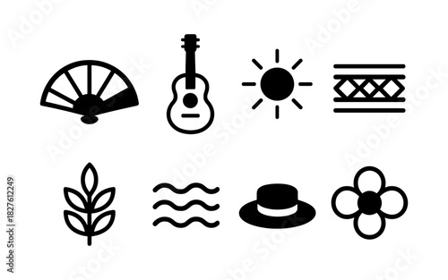 Minimalist symbols of spanish culture: guitar, fan, and more