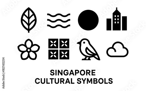 Singapore icon set: cultural symbols in minimalist black and white design