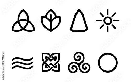 Minimalist geometric symbols collection featuring celtic and nature motifs