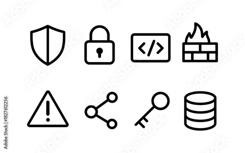 Cyber security icons: shield, lock, code, firewall, alert, sharing, key, database