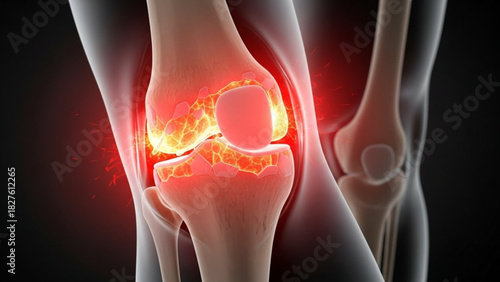 Illustration of a human knee joint with red and yellow glow indicating pain and inflammation present