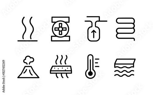 Industrial and natural heating elements icons in minimal line art style