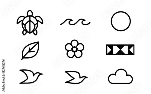 Minimalist icon set featuring nature and geometric shapes in bold outline style