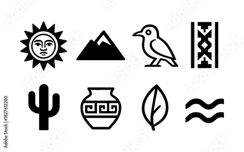 Collection of black and white icons with nature and tribal themes