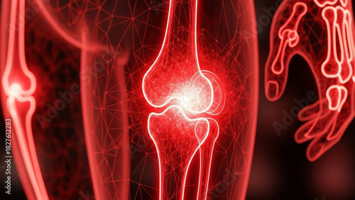 Illustration of a red glowing human knee joint and hand bones with network connections around them