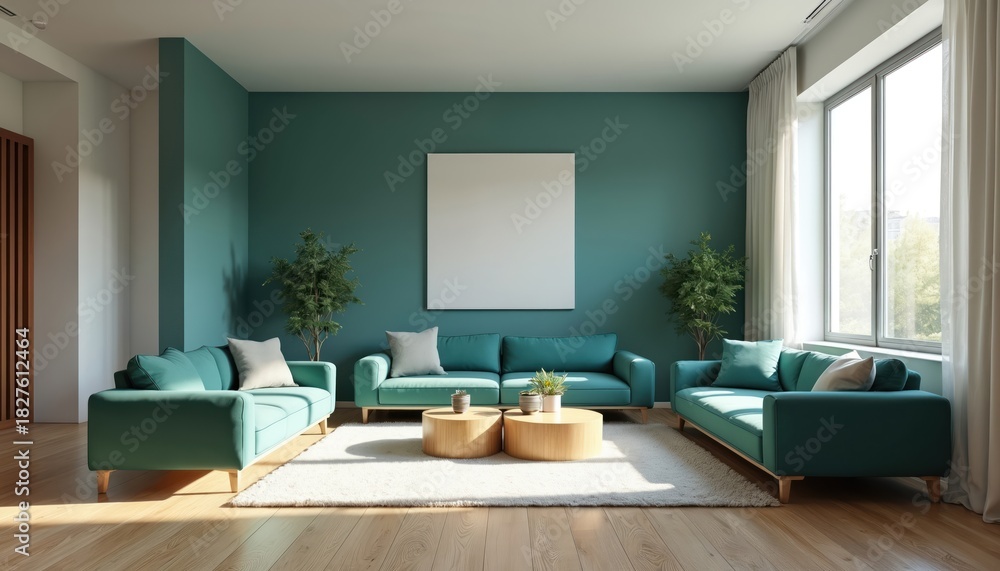 Fototapeta premium Modern living room interior design. Teal walls, matching sofas create cozy space. Natural light streams through large window. Wooden floor, white rug, plants add to comfortable home decor. Blank art