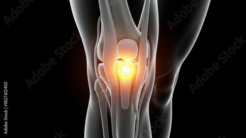 Anatomical illustration of a knee joint with highlighted area showing pain and inflammation condition