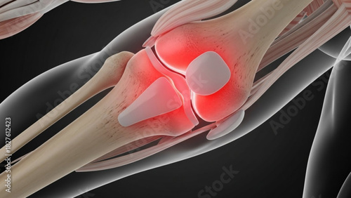 Anatomical knee joint with bones and ligaments in detailed medical illustration is shown here clearly