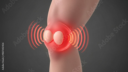 Illustration of a knee joint with red radiating lines indicating pain or inflammation of the area shown
