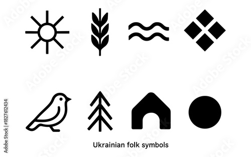 Minimal ukrainian folk symbols set: sun, wheat, bird, tree, home, and more